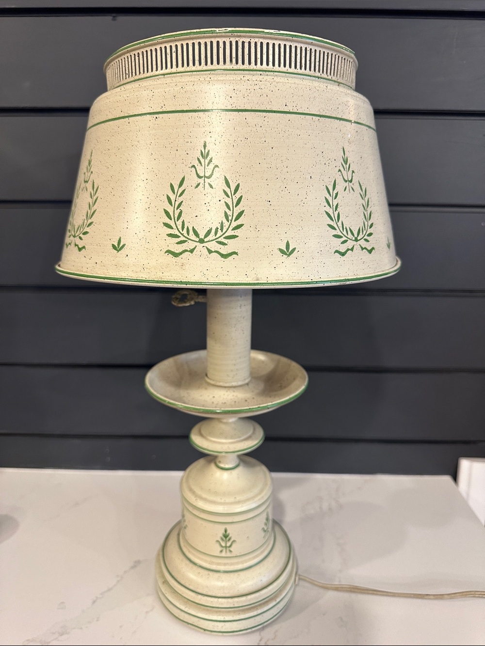 Vintage Cream and Green Colonial Table Lamp - Metal 18” 1950
